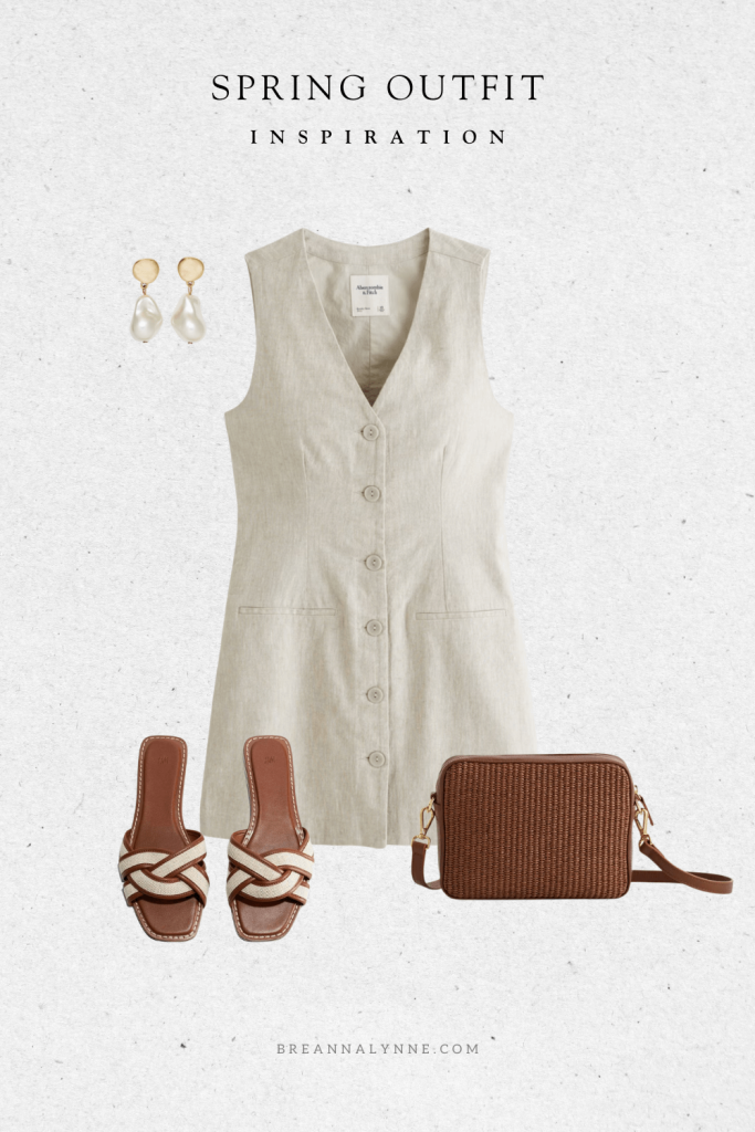 Spring outfit with a linen mini dress and sandals