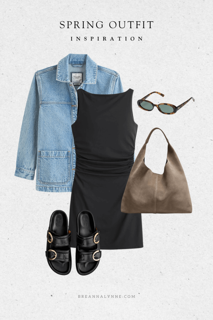 Spring outfit with a black mini dress, black sandals and a denim shirt jacket