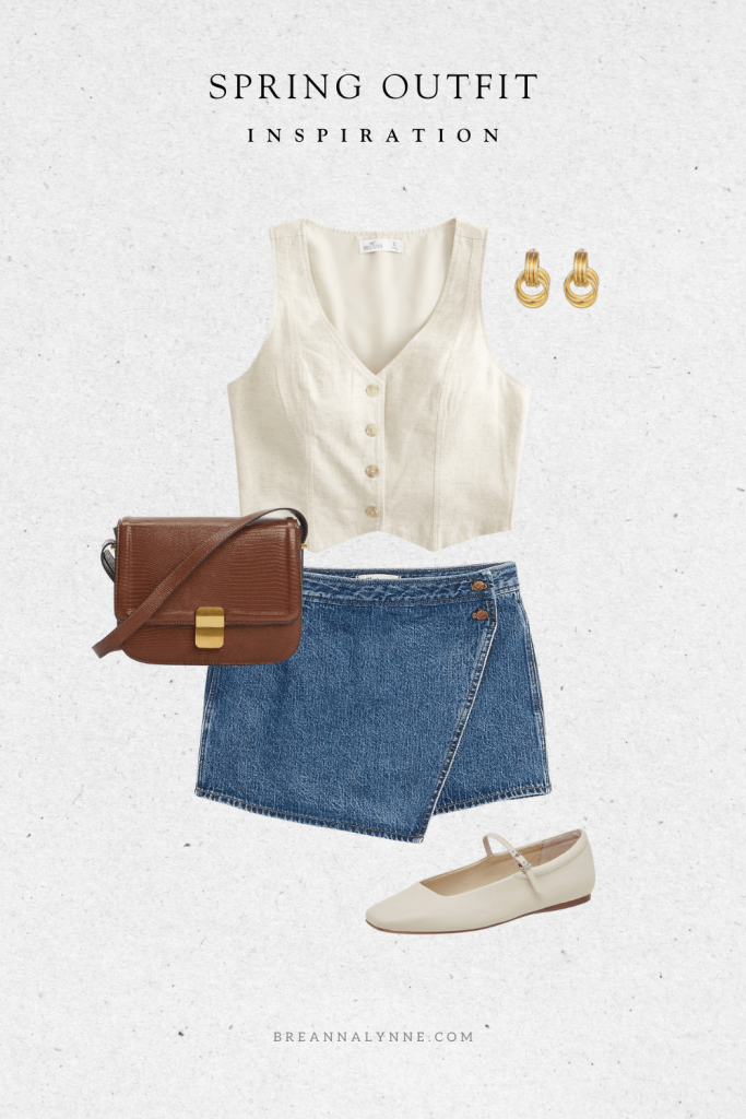 Spring outfit with a linen vest, denim skort and mary janes
