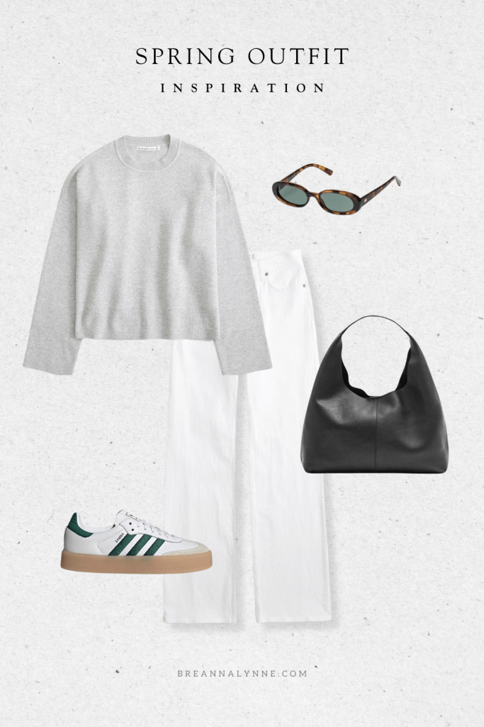 Spring outfit with a sweater, white pants, adidas and oval sunglasses