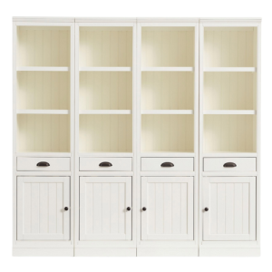a white bookshelf with cabinets from pottery barn