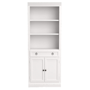 a white bookshelf with cabinets from crate and barrel