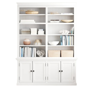 a white bookshelf with cabinets from wayfair