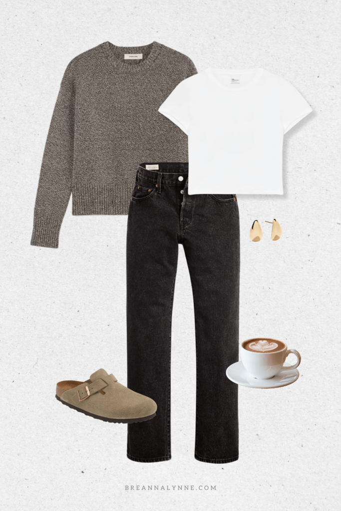 A comfy and casual fall and winter outfit. A cotton sweater, white t shirt, black levi's jeans, and birkenstocks.