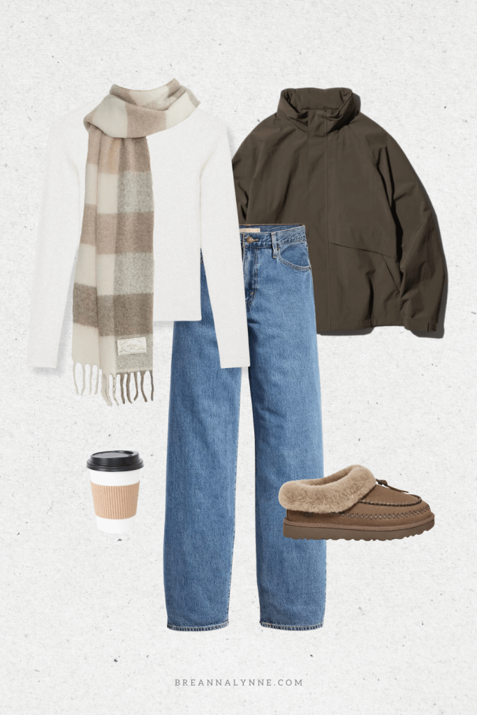 A comfy and casual fall and winter outfit. A brown jacket, scarf, levis jeans, and ugg shoes
