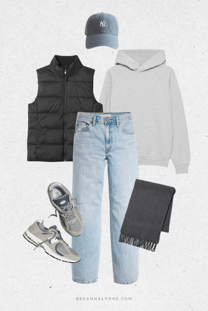A comfy and casual fall and winter outfit. A grey hoodie, levis jeans, black puffer jacket, and new balance shoes.