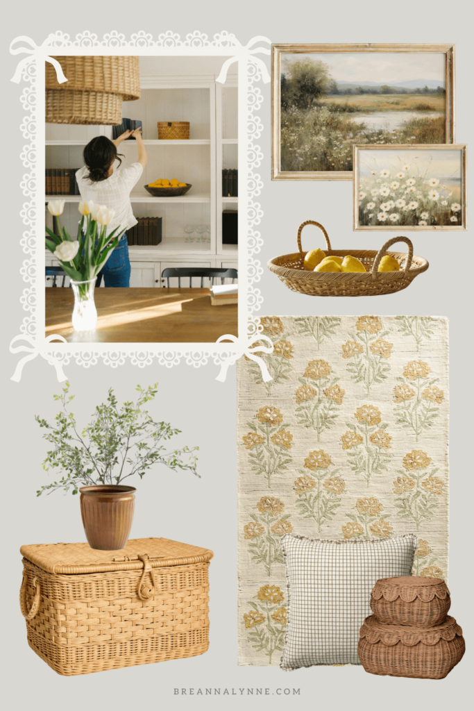 Spring Home Decor including baskets, rugs, pillows, art, and faux stems