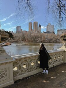 A girl standing on a bridge in central park looking at the skyline